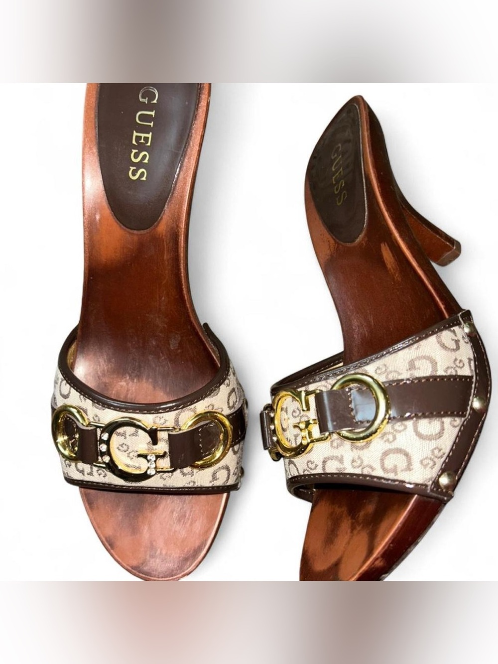 GUESS Brown & Beige Monogram Slide Heels with Gold Hardware